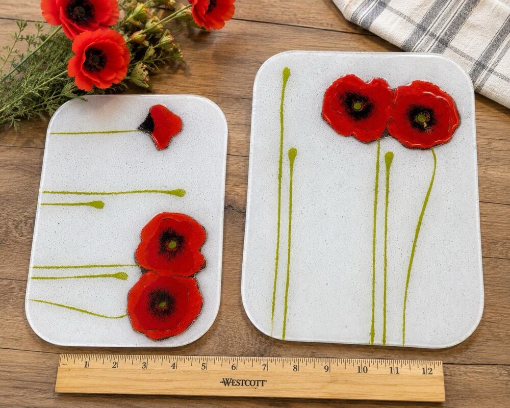 Peggy Karr Lastra Poppy Fused Glass Cutting Boards Set of 2 Red Poppy Small Med